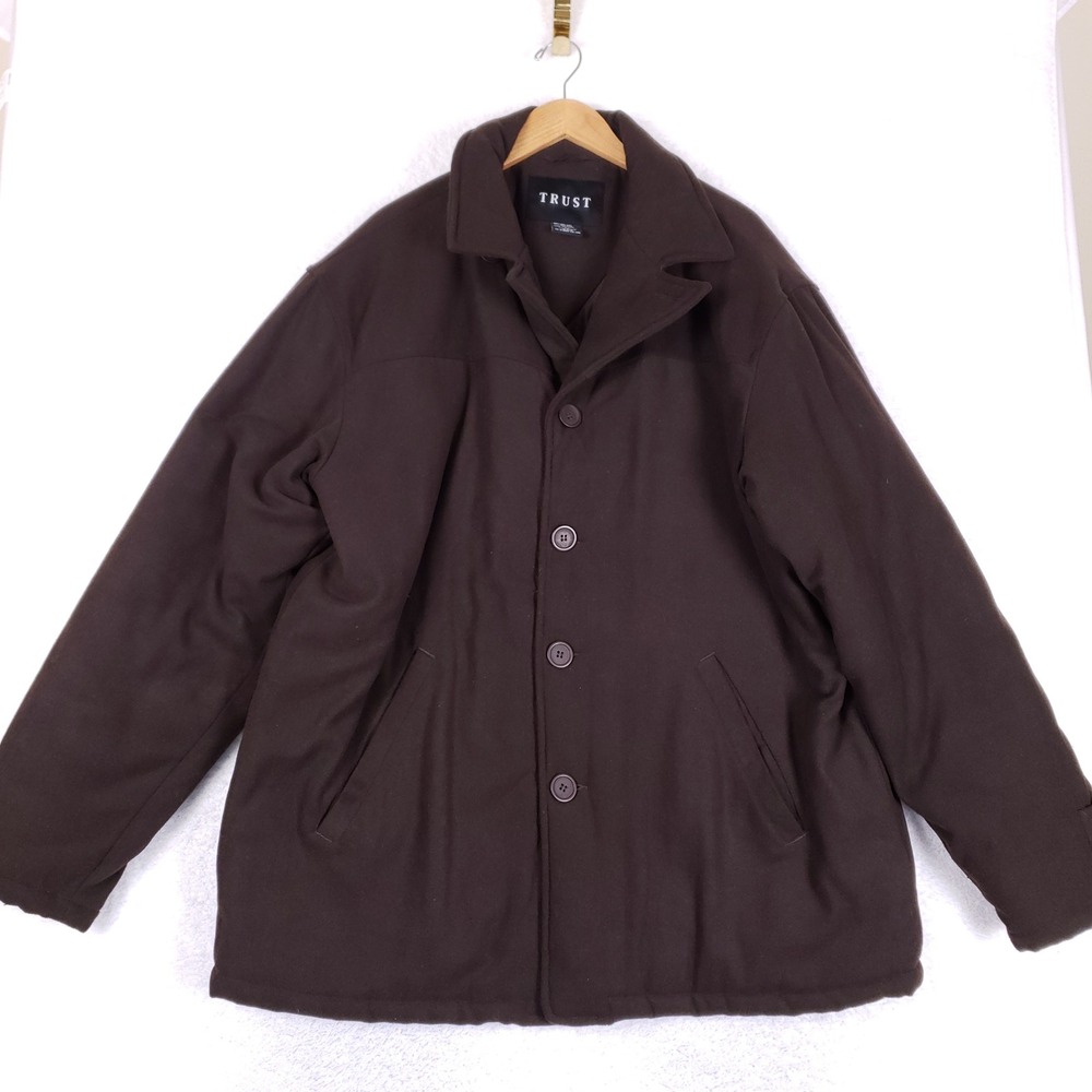 TRUST Wool Blend Car Coat Jacket Mens 2XL Heavyweight Quilted Brown Pea Coat